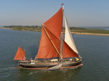 Sailing Barge Centaur under sail, aerial view of stbd side