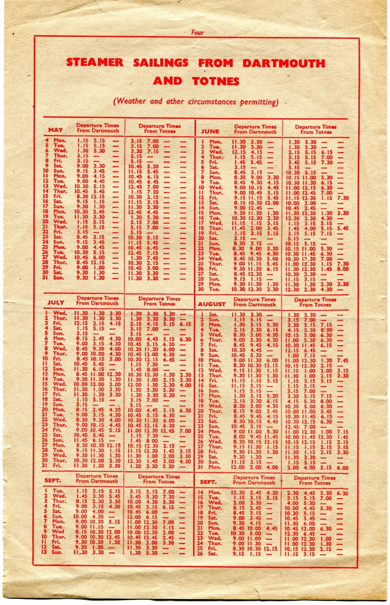 Steamer sailing times from Totnes and Dartmouth, courtesy of Paddle Steamer Preservation Society
