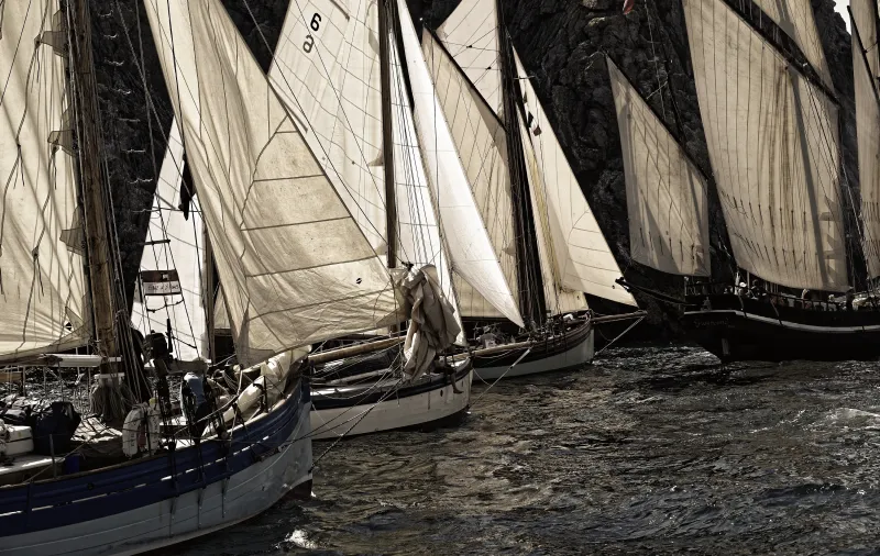 View of multiple small sailing vessels on the water