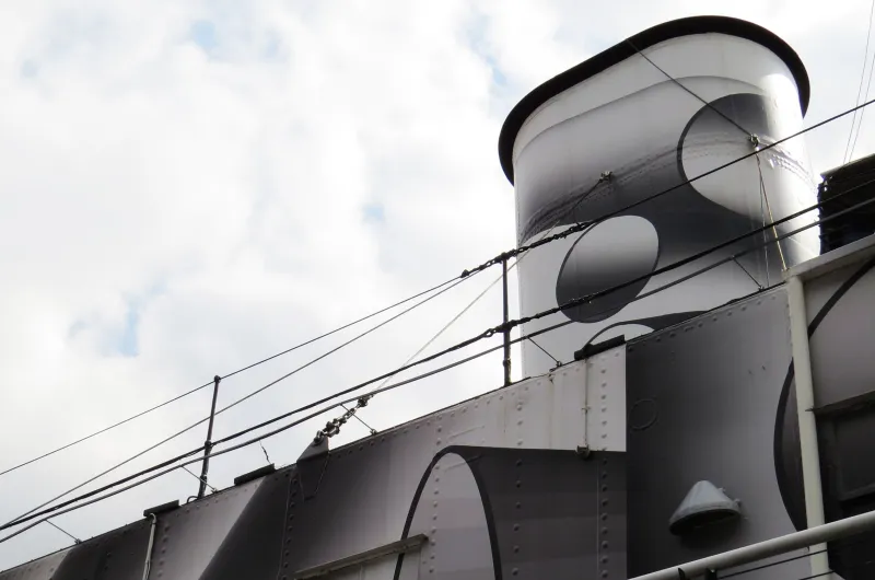 Close up view of the black and white camouflage painting over the vessel