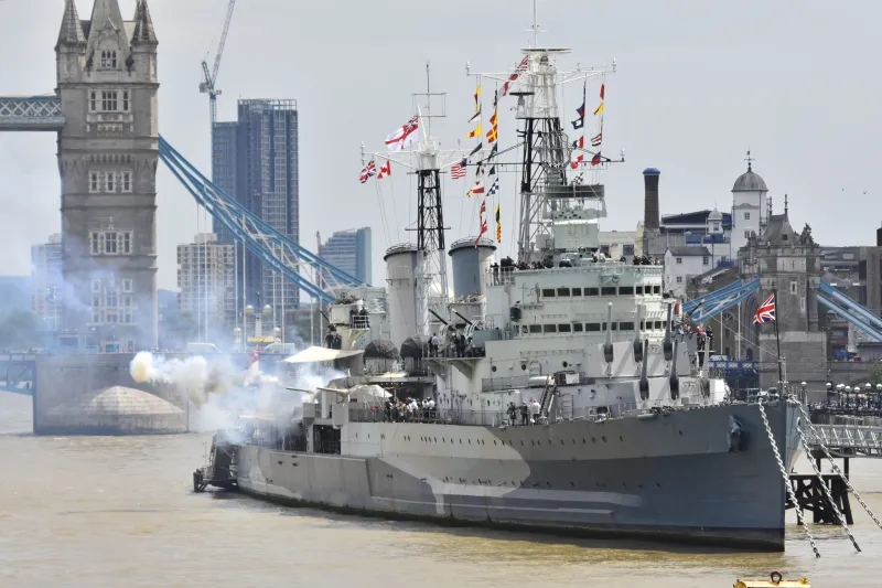 HMS Belfast, starboard bow view