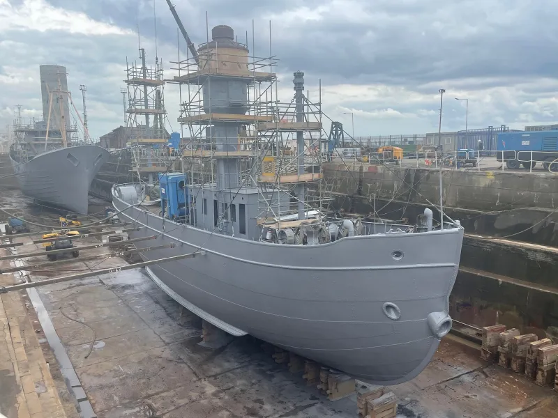 Spurn Lightship in dry dock, starboard bow view