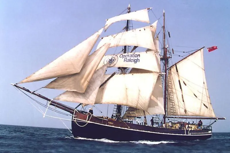 Zebu under full sail, port bow view
