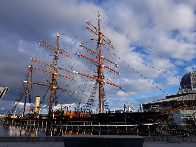 Starboard bow view of RRS Discovery in her dry dock by Phil Mikulski