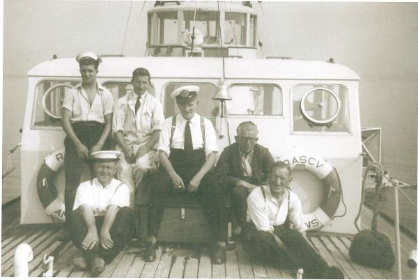 Amiens - as 'Fair Time' during her surveying work c 1965.  L to R Terry Kent (engineer), Ron Talbot (skipper) and Tug Wilson (position and real Christian name Unknown)