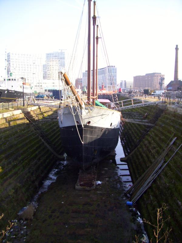 bow view, in dry dock