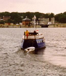 MONARCH - leaving Chatham Dockyard in 1998. Stern looking forward.